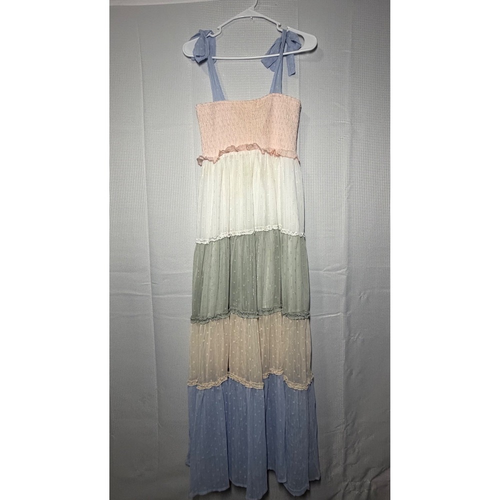 SHEIN Tiered Maxi Dress Medium Multicolor Swiss Dot‎ Smocked Tie Shoulder